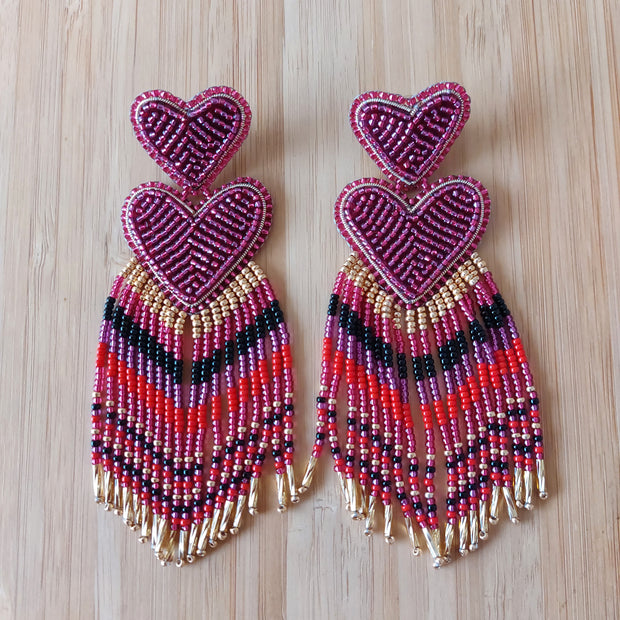 Double Sacred Heart Earrings - Rose