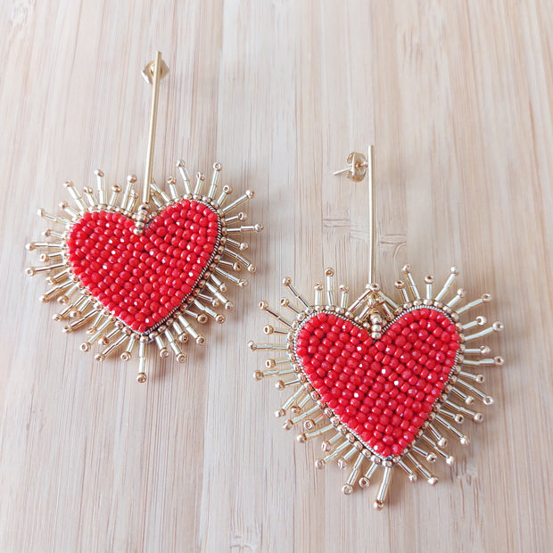 Dangling Sacred Heart Earrings - Red
