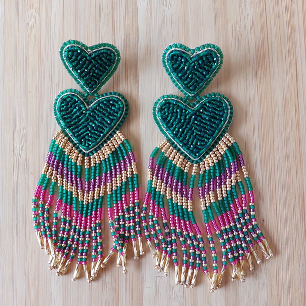 Double Sacred Heart Earrings - Green